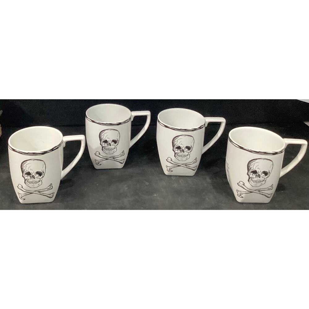 Skull & Crossbones Porcelain Coffee Mugs Pirate Goth 10 oz Coventry Set of 4